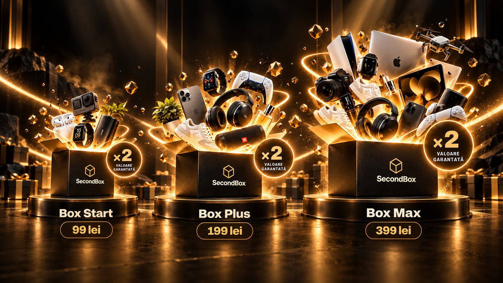 Cutiile surpriză SecondBox: Box Start 99 lei, Box Plus 199 lei și Box Max 399 lei, fiecare cu valoare dublă garantată